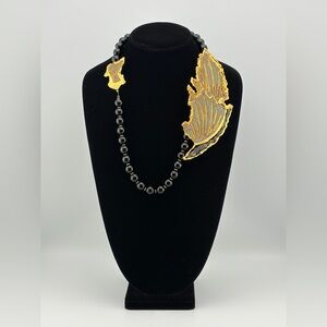 Vintage 1980s modernist enamel on metal 24k gold leaf trim W black Onyx beads